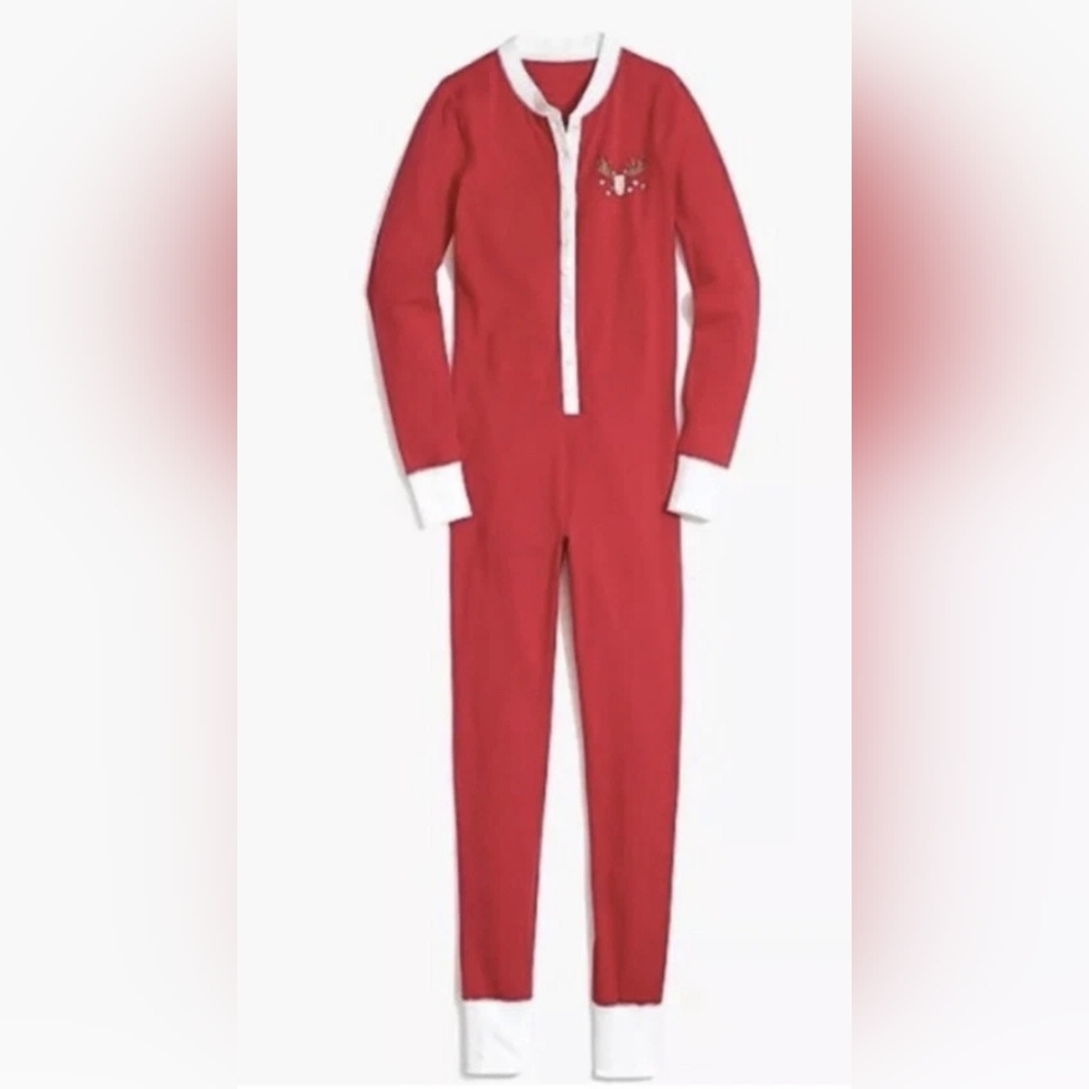 J. Crew Red Women's One Piece Reindeer Pajamas Sz: M - Picture 1 of 10